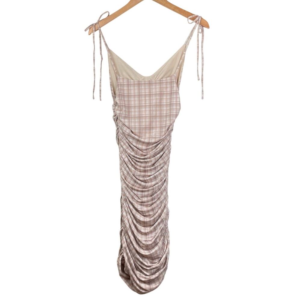 Wilfred Tan Plaid Tie Spaghetti Strap Ruched Side V-Neck Lined Bodycon Dress - Picture 2 of 8